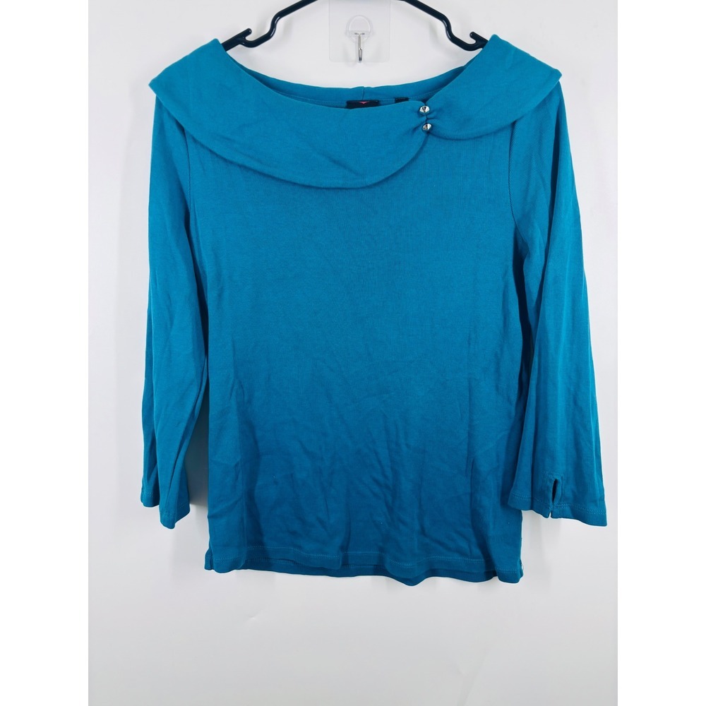 Rafaella Teal Blue Portrait Collar Knit Top Silver Stud Detail 3/4 Sleeve Small